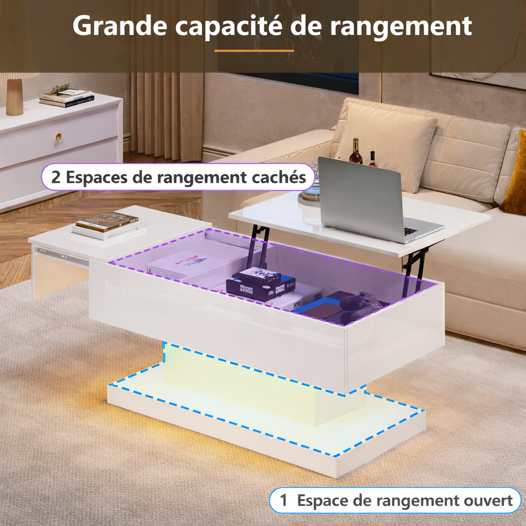 Table Basse Blanche Plateau Relevable avec LED
