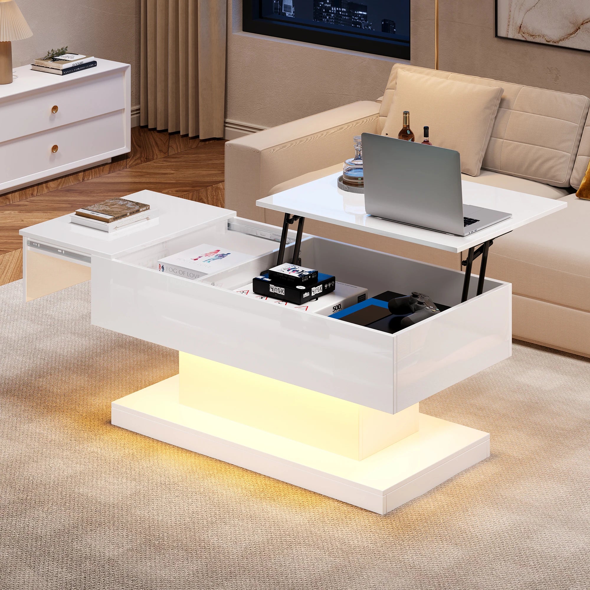 Table Basse Blanche Plateau Relevable avec LED