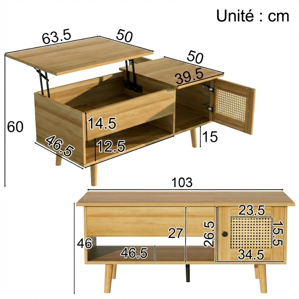 Table Basse Bois Clair avec Plateau Relevable