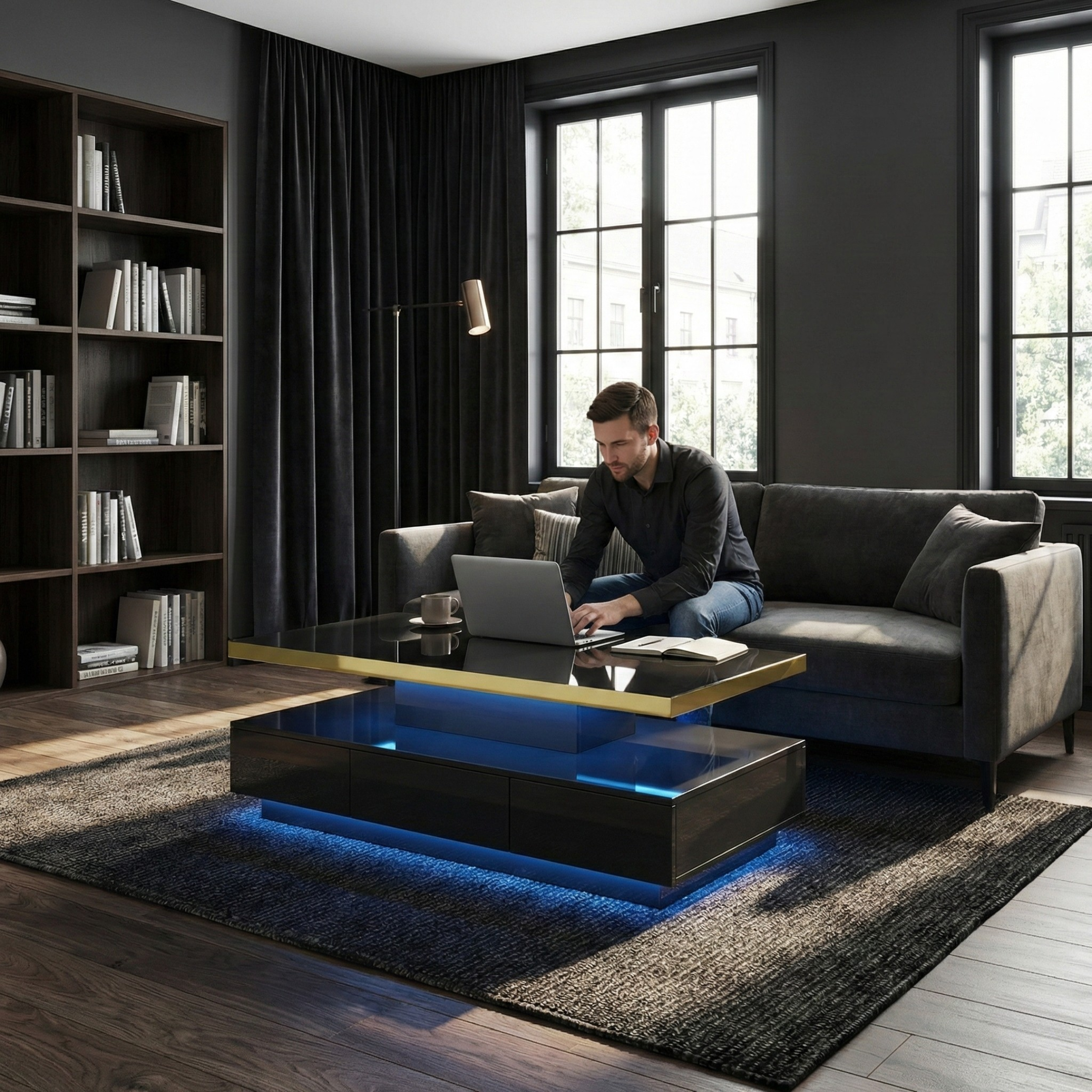 Table Basse Noire brillante avec Rangement