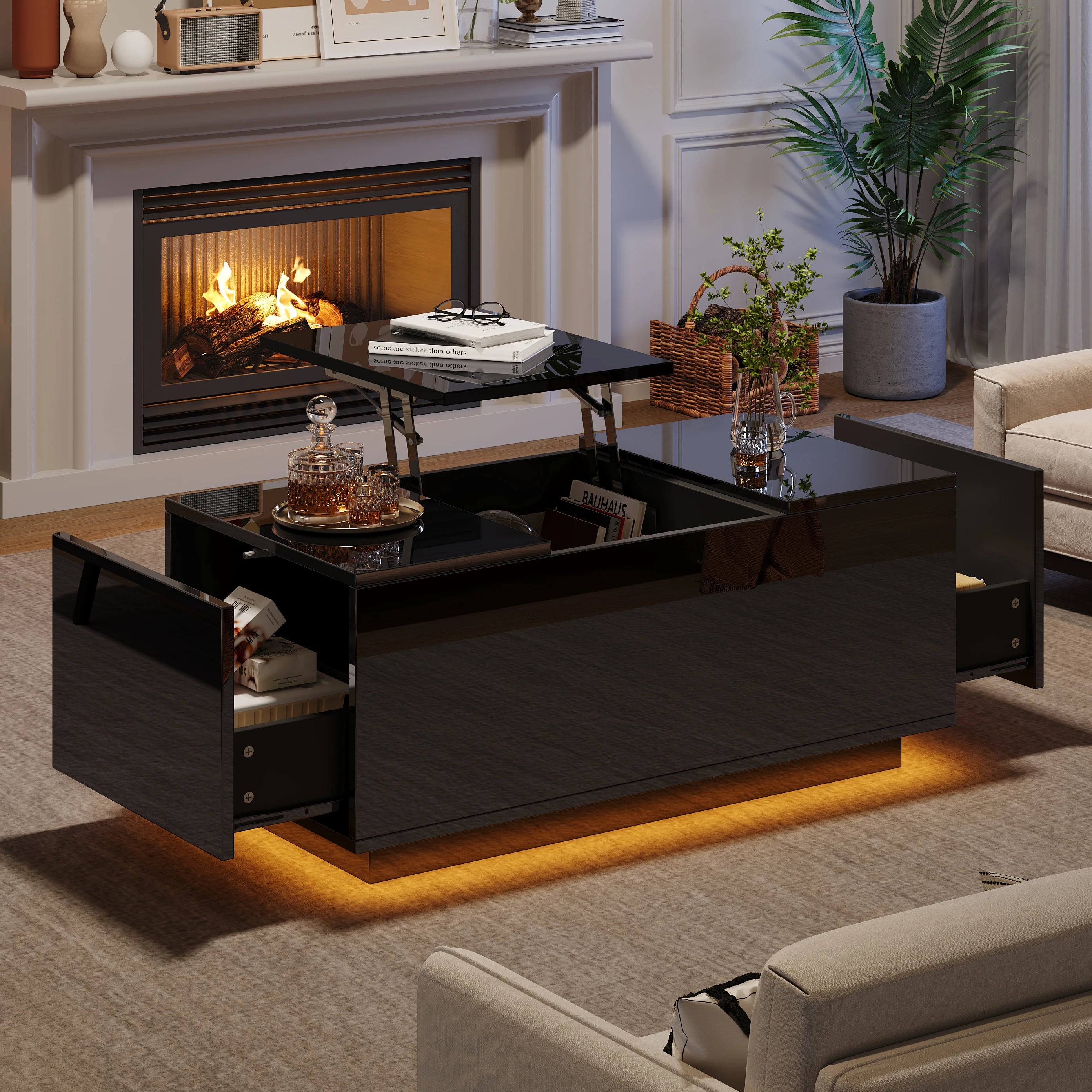 Table Basse avec Plateau Relevable Noire 