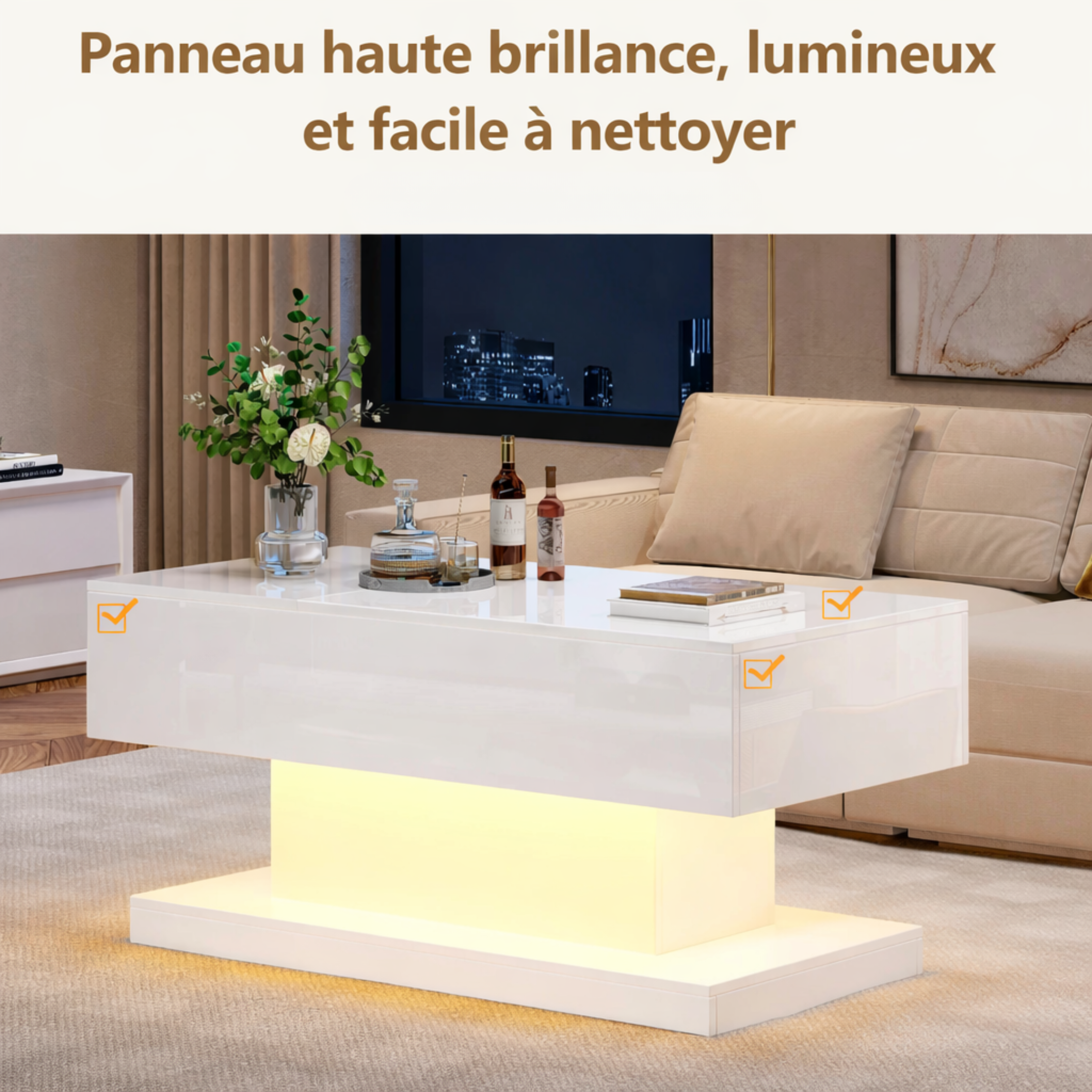 Table Basse Blanche Plateau Relevable avec LED