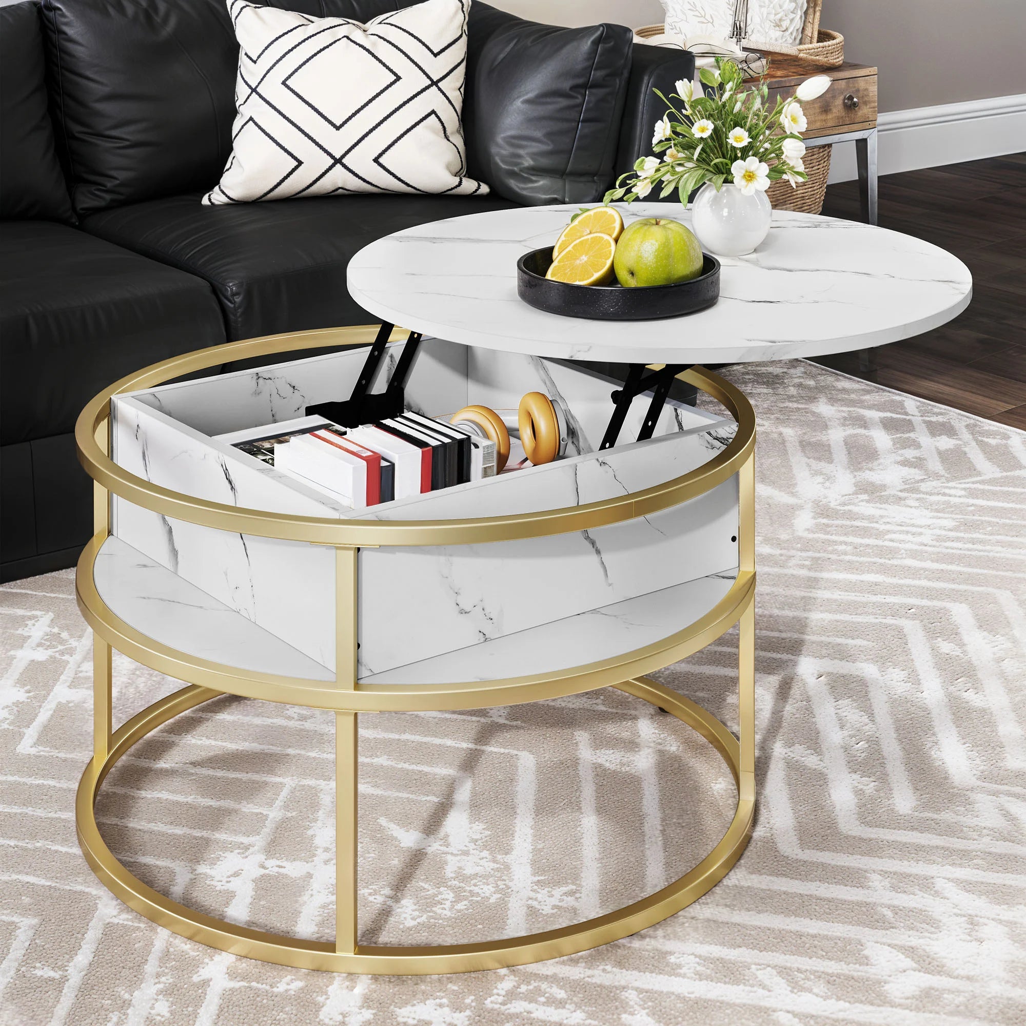 Table Basse avec Plateau Relevable - Ronde avec Rangements