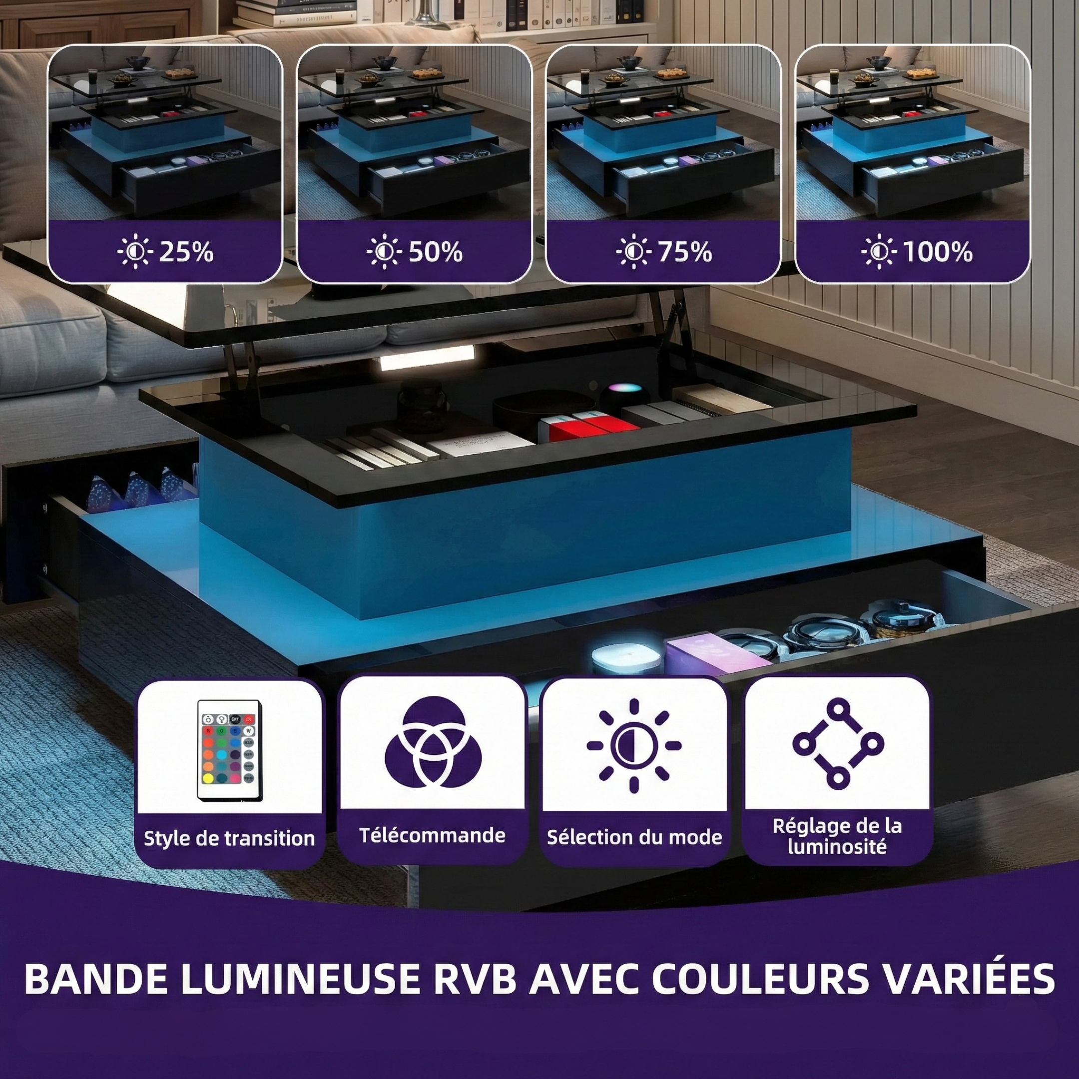 Table Basse avec Plateau Relevable Noire - LED et 2 Tiroirs