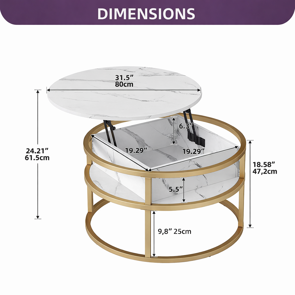 Table Basse avec Plateau Relevable - Ronde avec Rangements