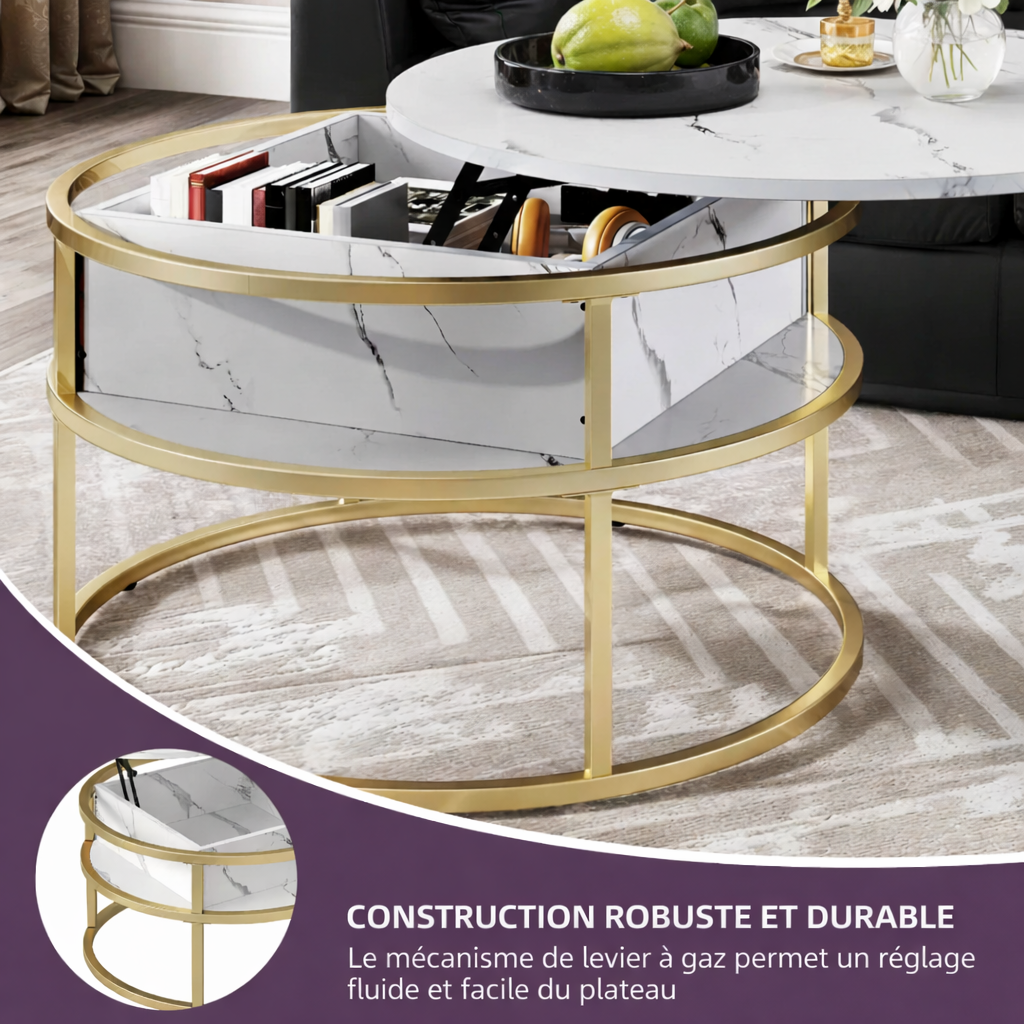 Table Basse avec Plateau Relevable - Ronde avec Rangements