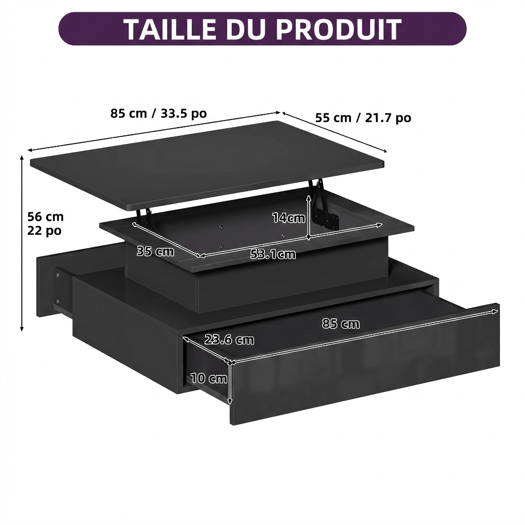 Table Basse avec Plateau Relevable Noire - LED et 2 Tiroirs