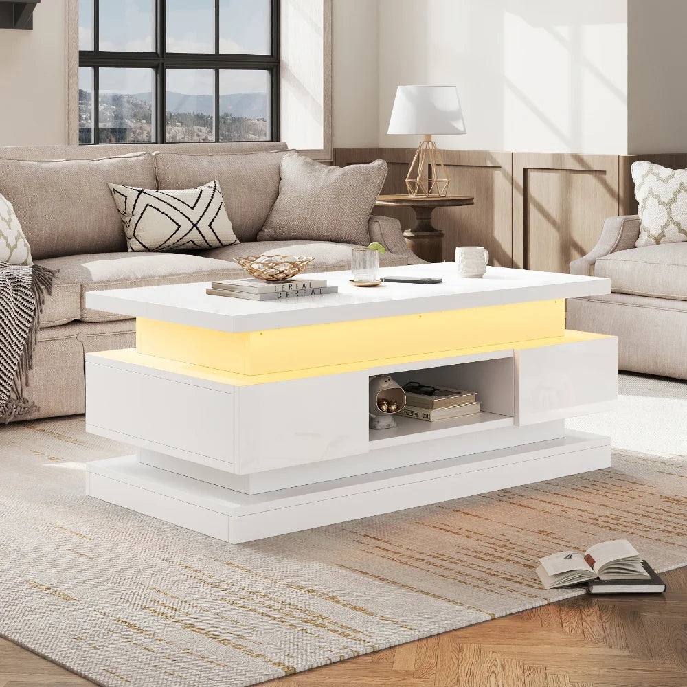 Table Basse avec Plateau Relevable Blanche - LED et Rangements