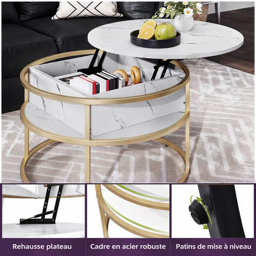 Table Basse avec Plateau Relevable - Ronde avec Rangements