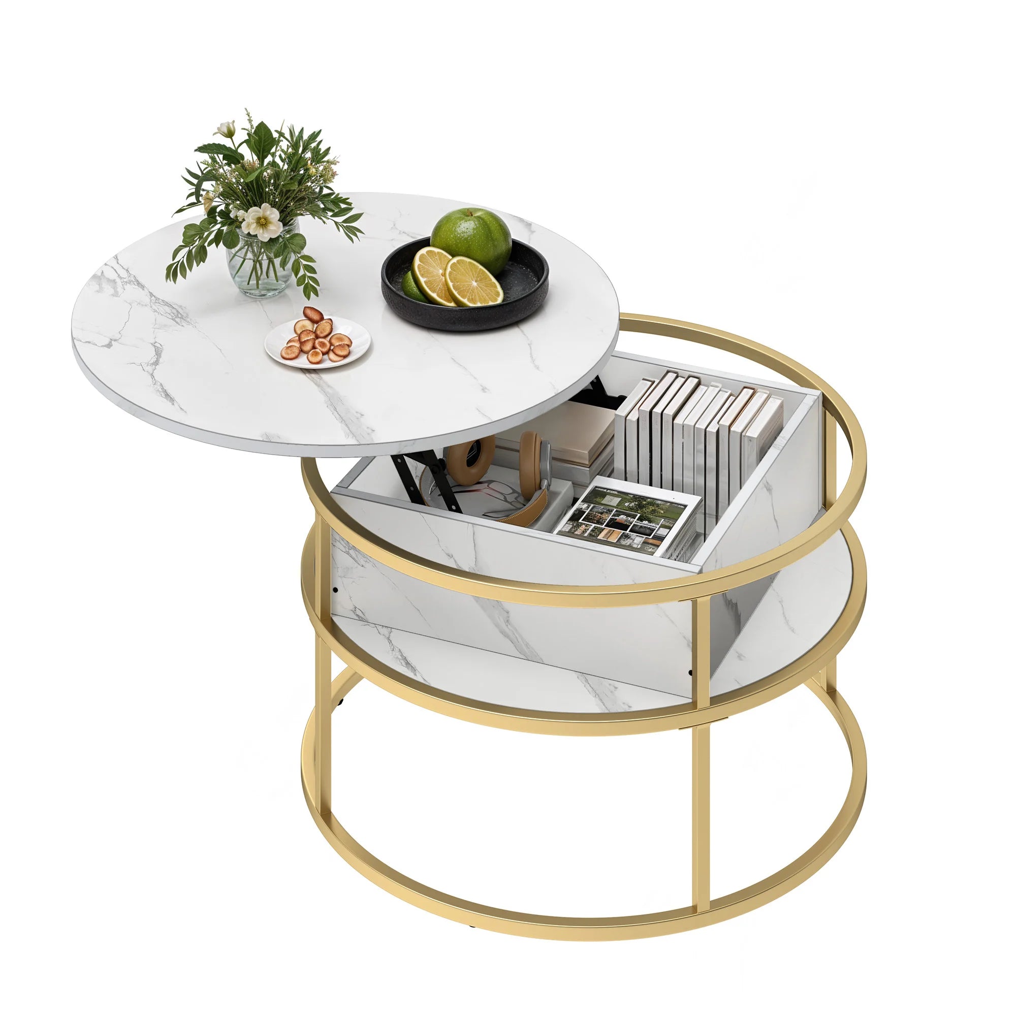 Table Basse avec Plateau Relevable - Ronde avec Rangements