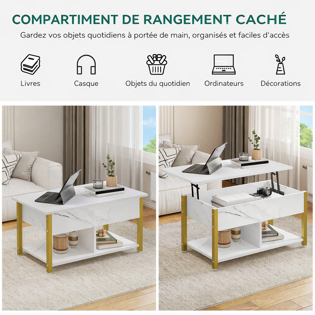 Table Basse avec Plateau Relevable et Rangements - Style Marbre Blanc