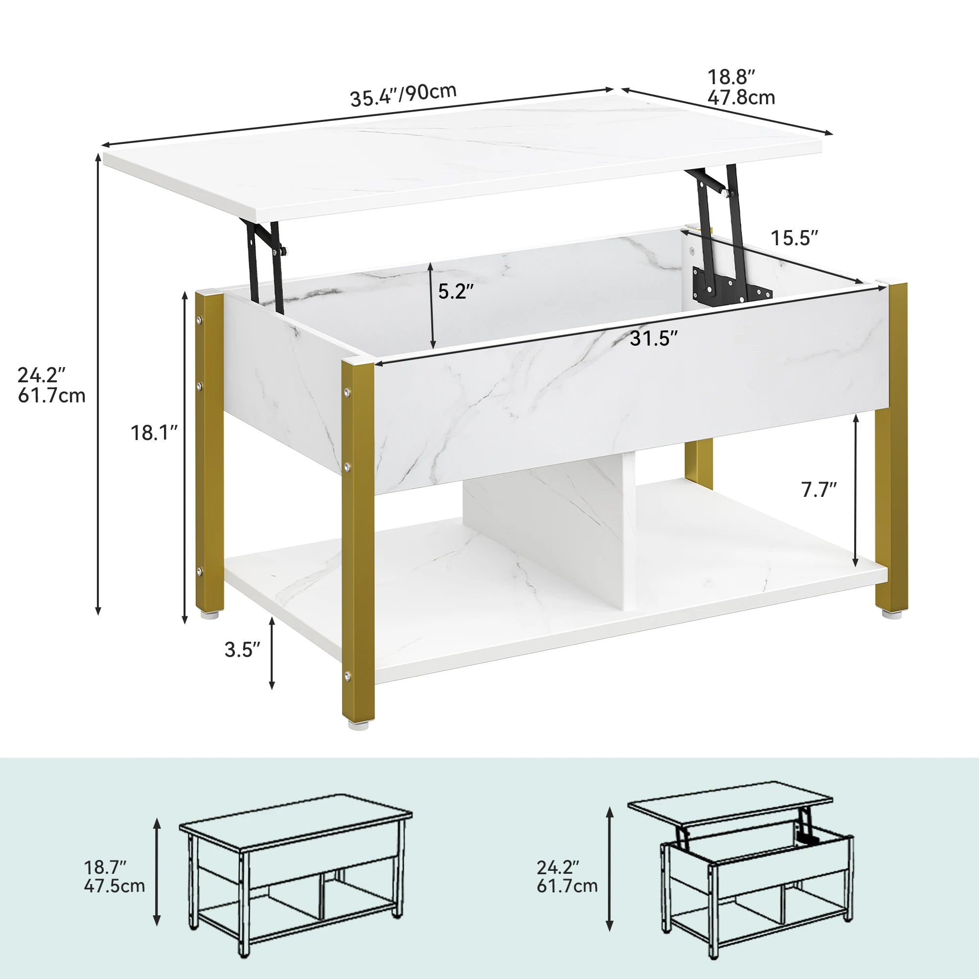 Table Basse avec Plateau Relevable et Rangements - Style Marbre Blanc