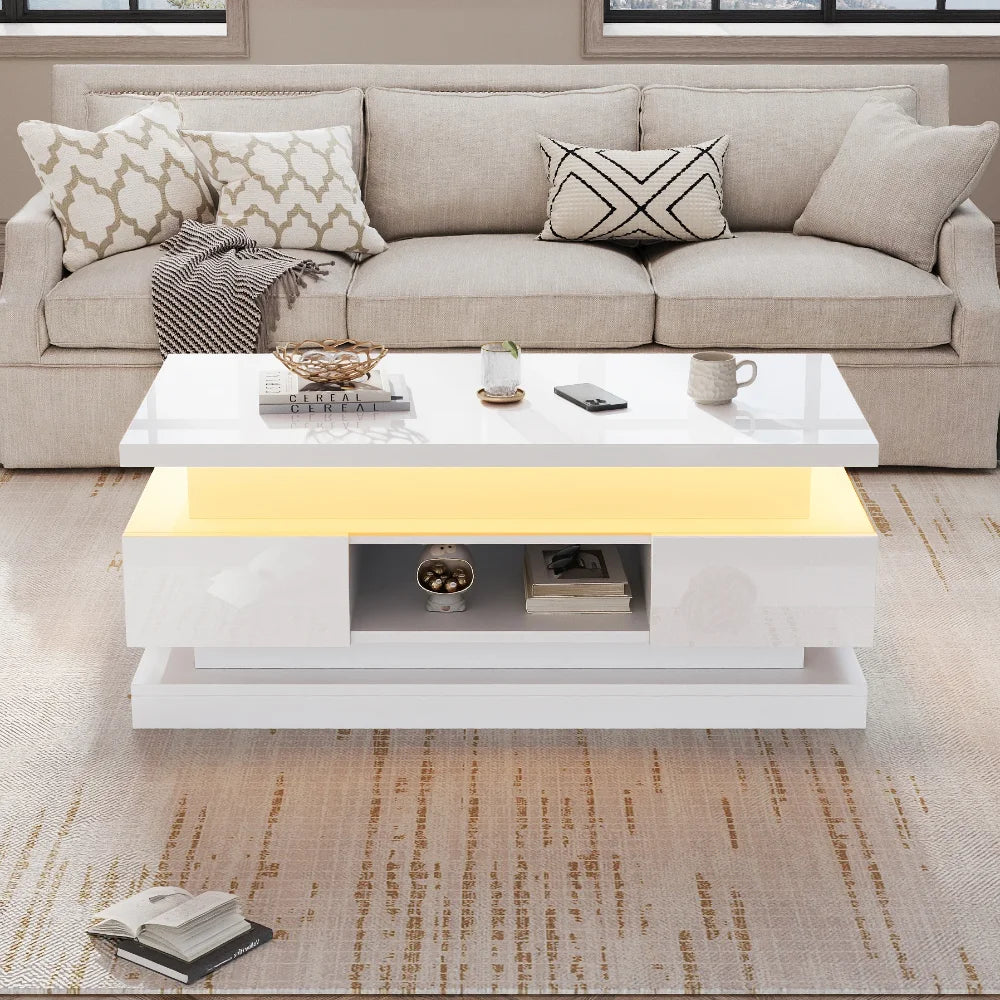 Table Basse avec Plateau Relevable Blanche - LED et Rangements