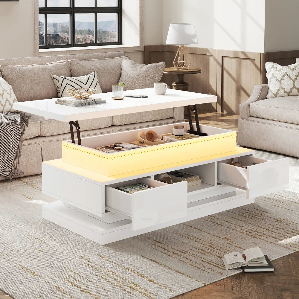 Table Basse avec Plateau Relevable Blanche - LED et Rangements