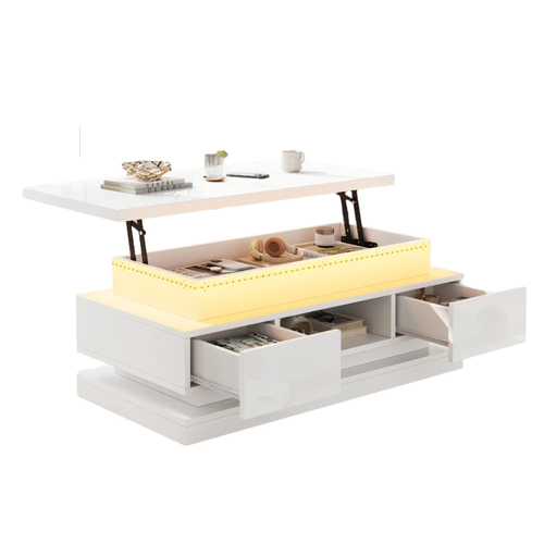 Table Basse avec Plateau Relevable Blanche - LED et Rangements