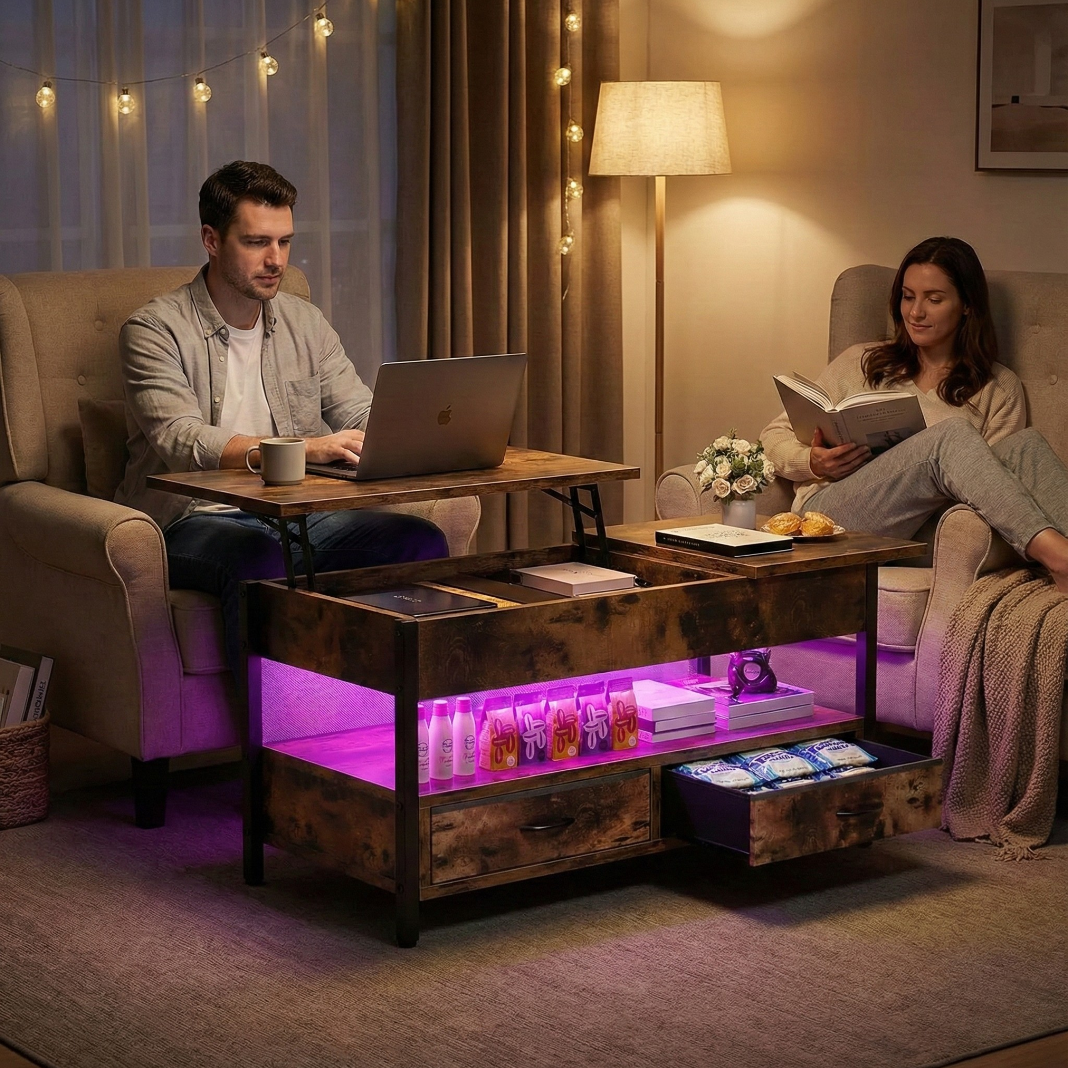 Table Basse avec Plateau Relevable et LED – Bois et Métal