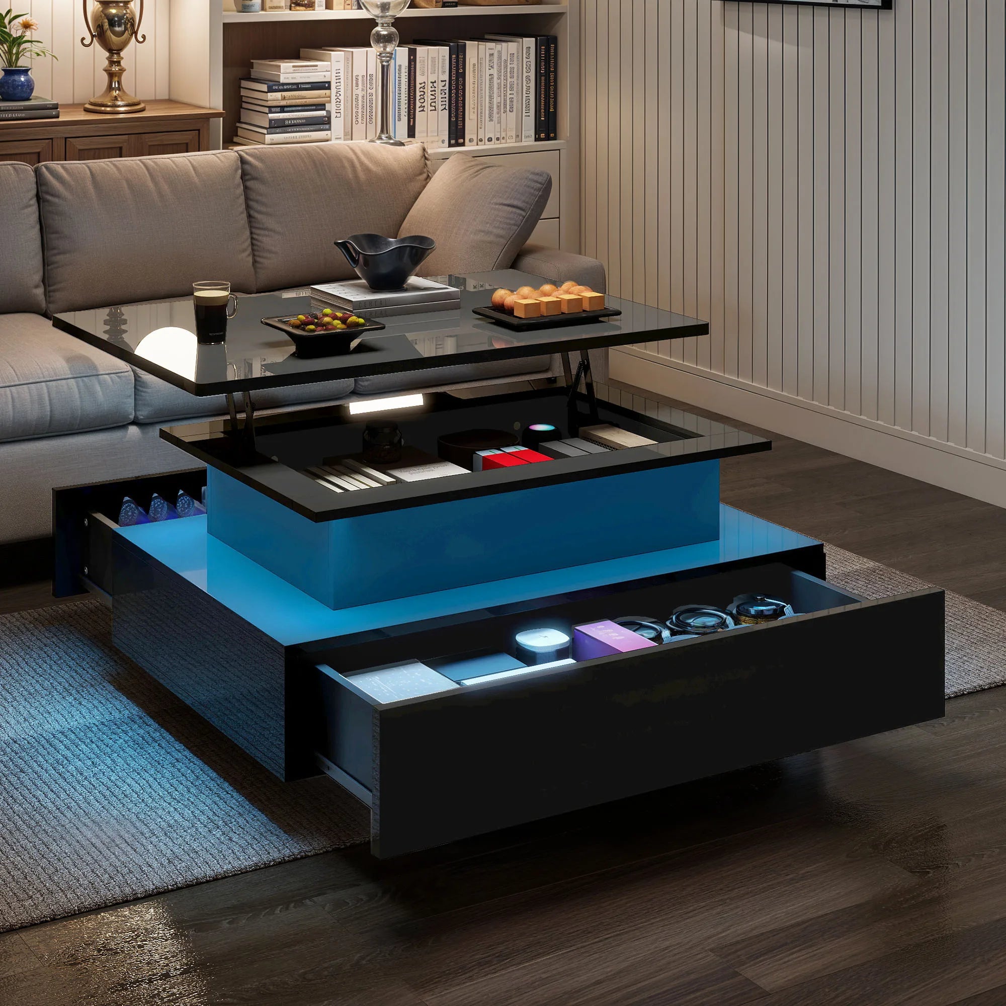 Table Basse avec Plateau Relevable Noire - LED et 2 Tiroirs