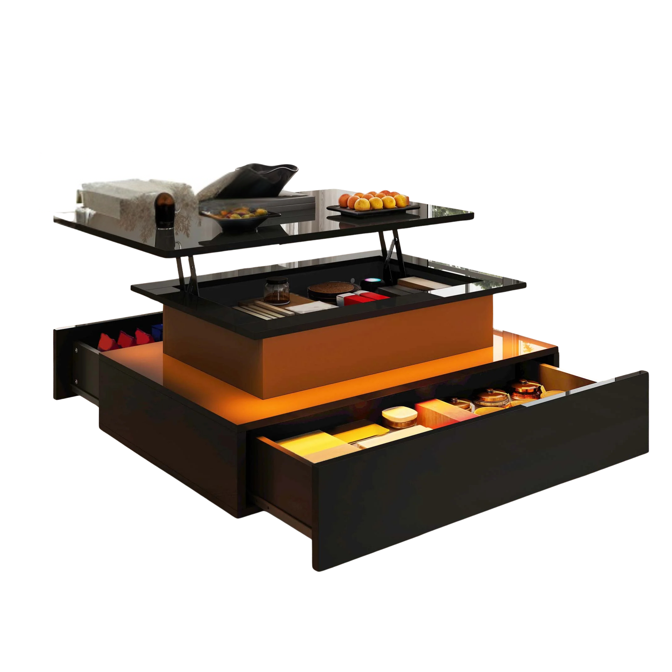 Table Basse avec Plateau Relevable Noire - LED et 2 Tiroirs