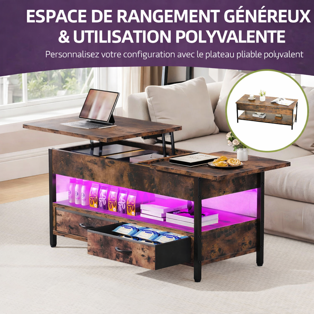 Table Basse avec Plateau Relevable et LED – Bois et Métal