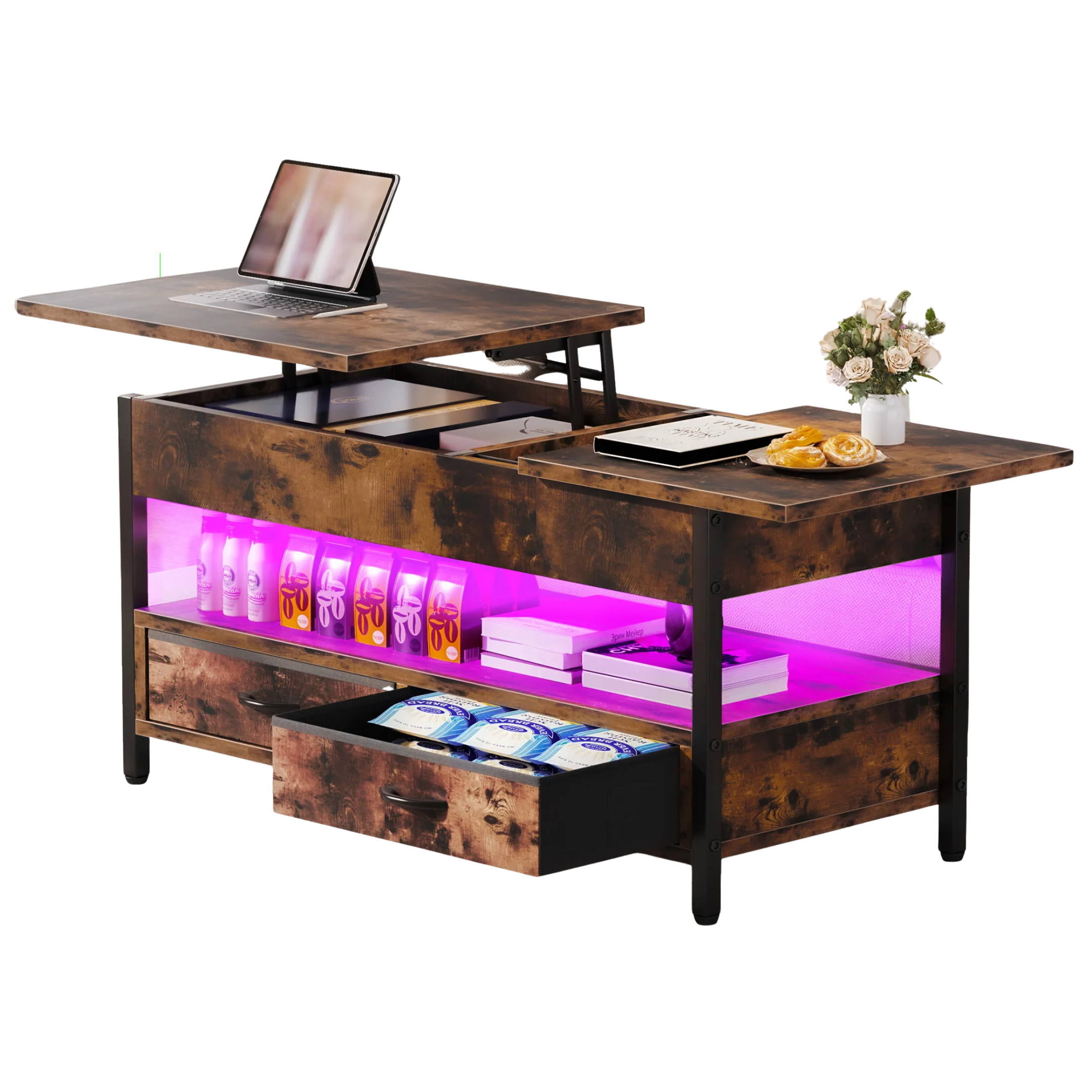 Table Basse avec Plateau Relevable et LED – Bois et Métal