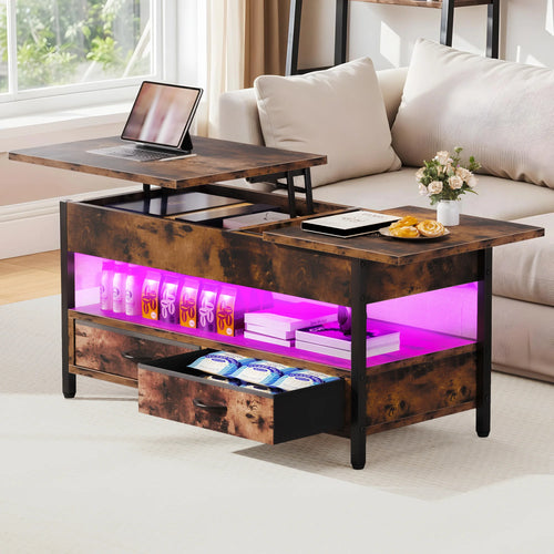 Table Basse avec Plateau Relevable et LED – Bois et Métal