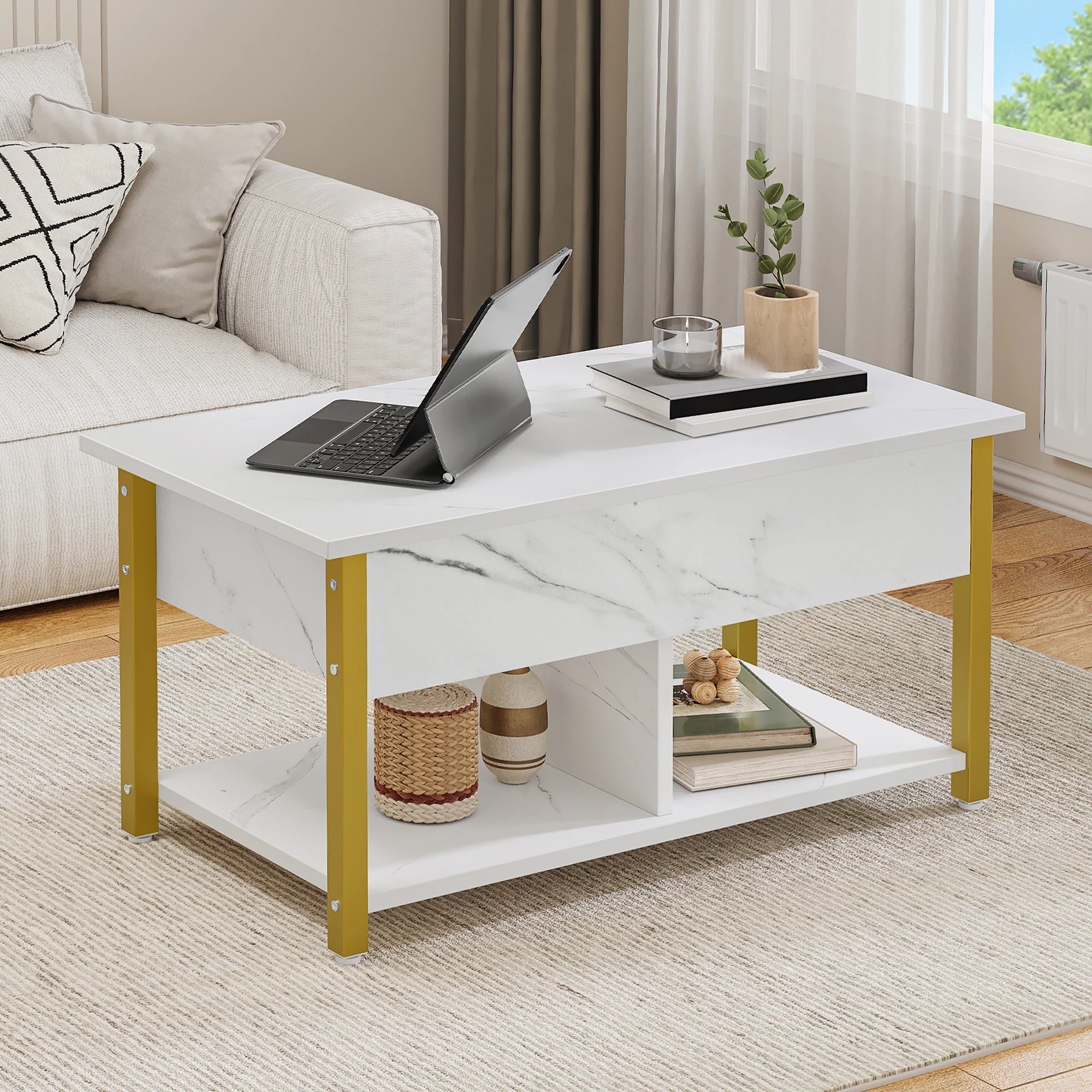 Table Basse avec Plateau Relevable et Rangements - Style Marbre Blanc