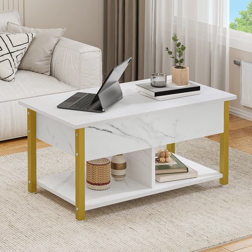 Table Basse avec Plateau Relevable et Rangements - Style Marbre Blanc
