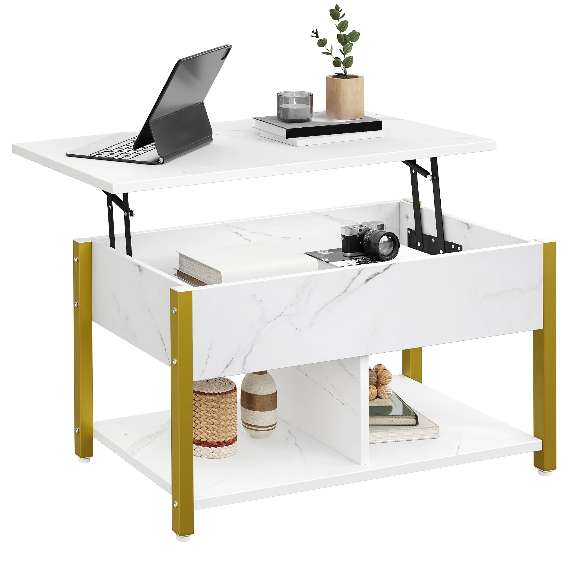 Table Basse avec Plateau Relevable et Rangements - Style Marbre Blanc