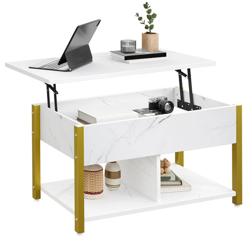 Table Basse avec Plateau Relevable et Rangements - Style Marbre Blanc